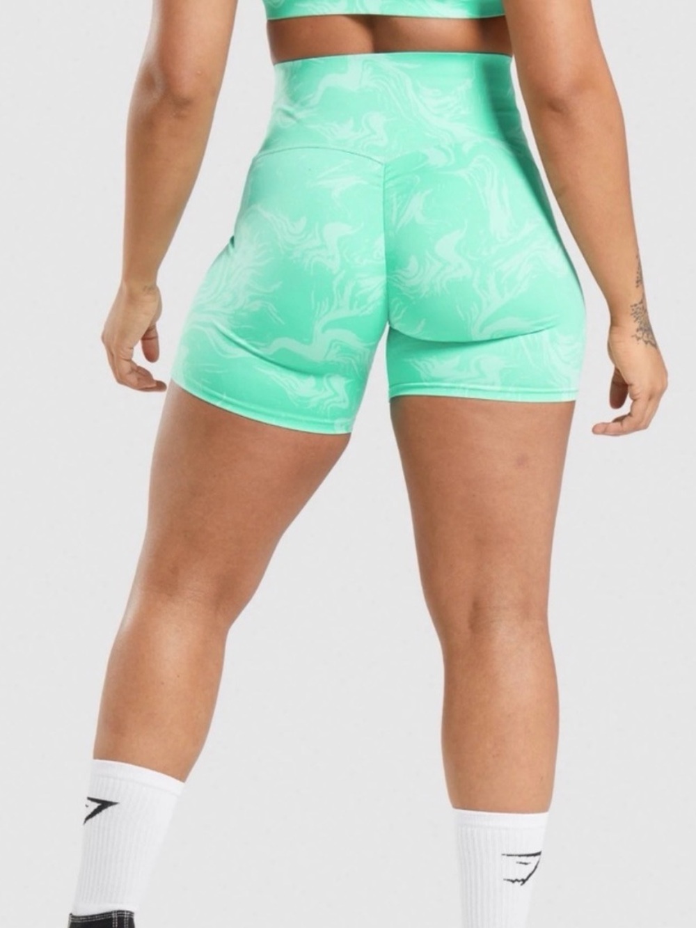 High-Waist Mint Green Marble Women’s Performance Shorts - Picture 3 of 3